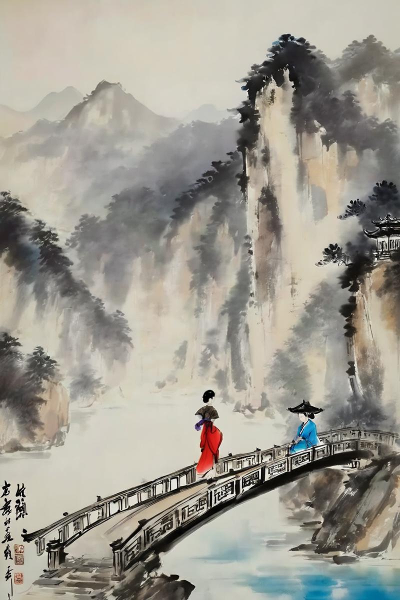 20231796-2739212848-chinese ink painting, traditional media, liujiyou, 1 girl, wearing cheongsam, standing on the bridge, lake, chinese architecture.png